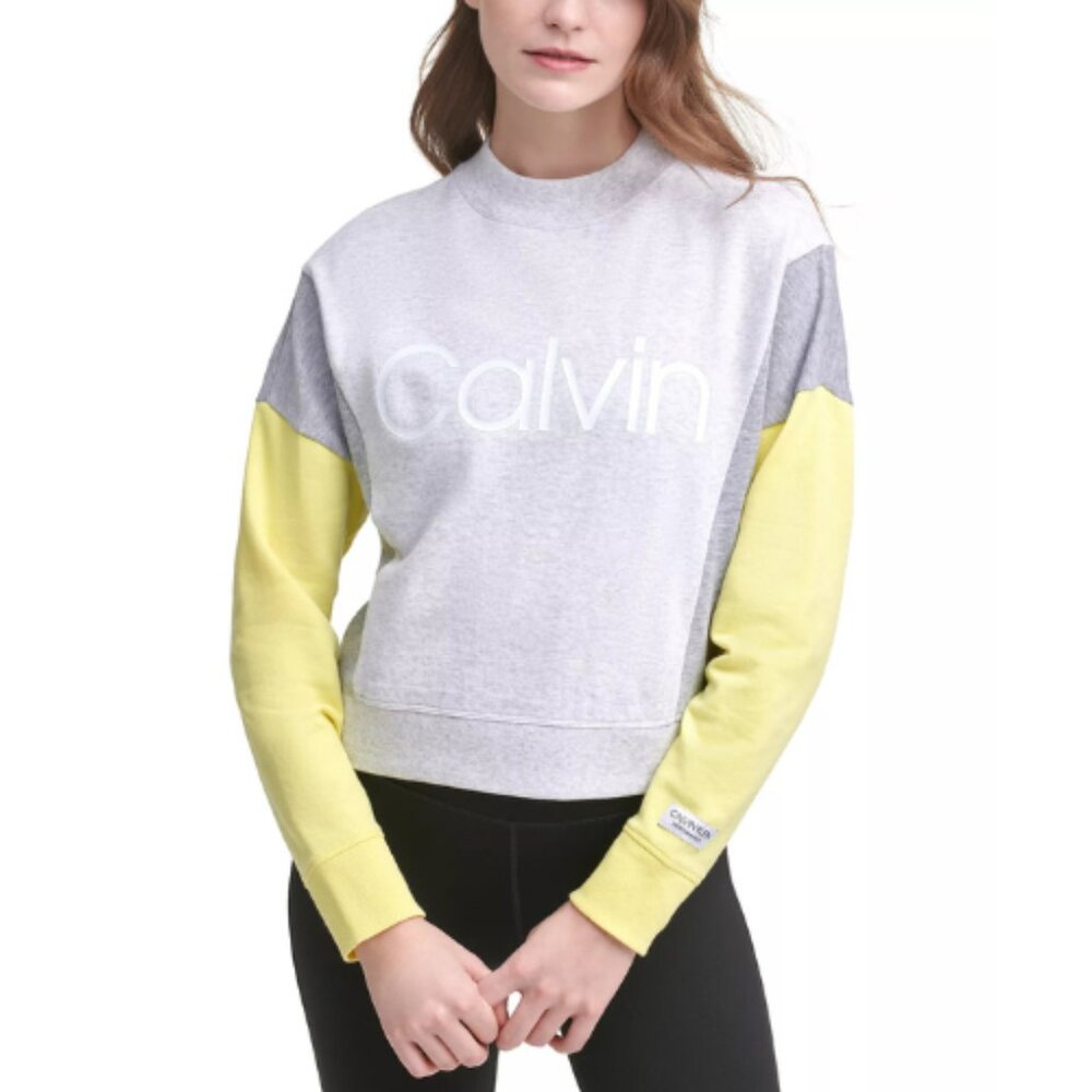 Calvin Klein Performance Womens Colorblocked Active Sweatshirt Gray Yellow L NWT